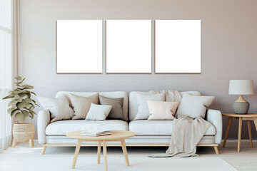 Aesthetic modern living room with Nordic style and canvas triptych in transparent for copy space