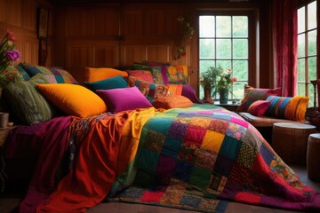 colorful bedspreads and pillows arranged on a bed