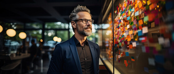 Fototapeta premium portrait of creative caucasian happy man in casual wear talking and meeting with presentation Team ,generative ai