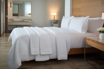 Fototapeta na wymiar crisp white hotel-style bed with folded towels