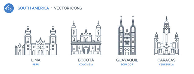 Collection of South America city outline icons with urban landmarks. Linear illustration of modern city symbols by LIMA, BOGOTÁ, GUAYAQUIL, CARACAS. Architectural vectors on white background isolated.