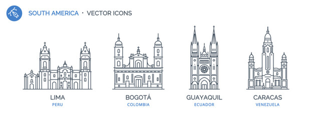 Collection of South America city outline icons with urban landmarks. Linear illustration of modern city symbols by LIMA, BOGOT&Aacute;, GUAYAQUIL, CARACAS. Architectural vectors on white background isolated.