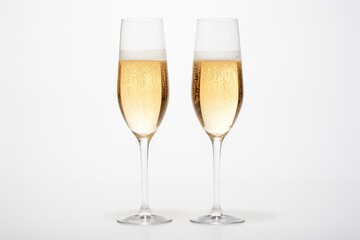 Two flutes of champagne on a white background.