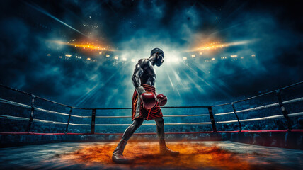 Boxing match concept.Afro fighter wearing a red boxing gloves in a dark boxing ring with smoke and lights as a background.