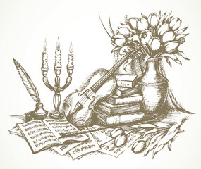 Still life with a violin. Vector drawing
