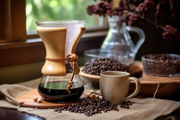 chemex, pour-over coffee maker with filter and beans