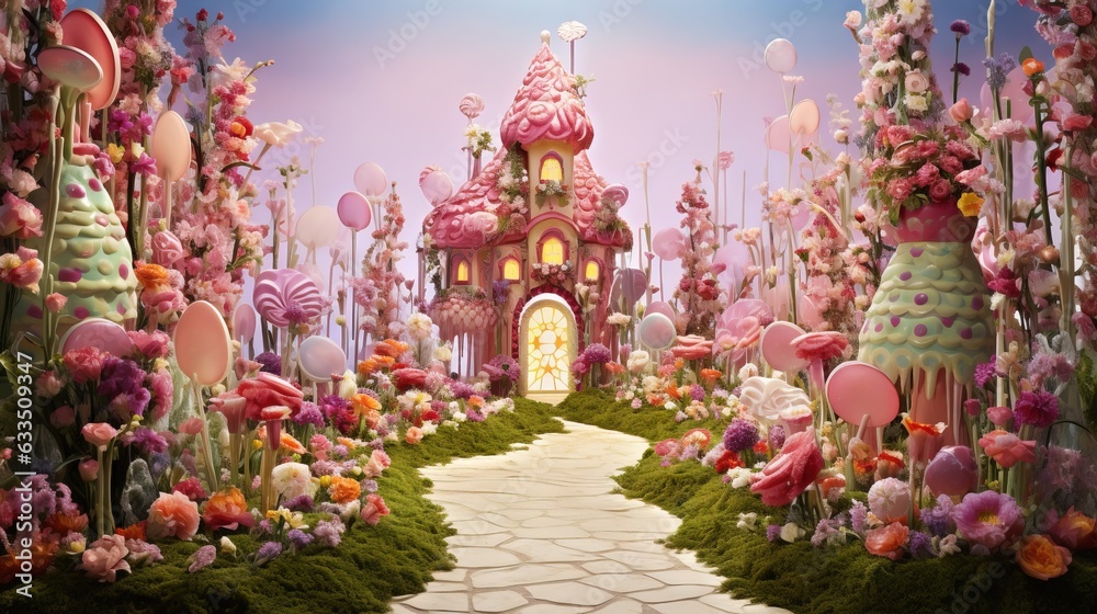 Wall mural  a fairy land with a pink castle surrounded by flowers and trees.  generative ai