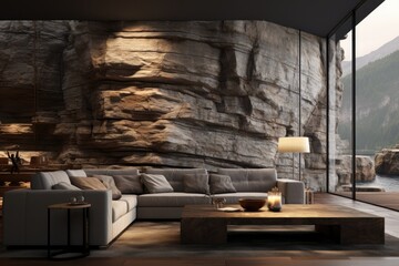 A visualization of a contemporary living room incorporates a natural mountain rock wall.