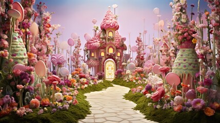  a fairy land with a pink castle surrounded by flowers and trees.  generative ai - obrazy, fototapety, plakaty