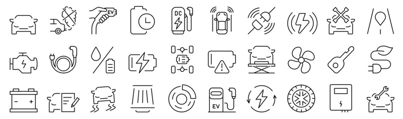 Simple Set of 30 line icons Automotive Services. car service, auto repair and transport, oil, filter, steering wheel.