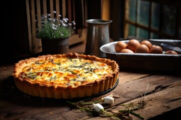 freshly baked quiche cooling on a rustic wooden table
