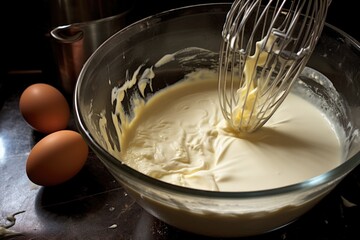 whisking eggs and milk in a bowl for quiche mixture - obrazy, fototapety, plakaty
