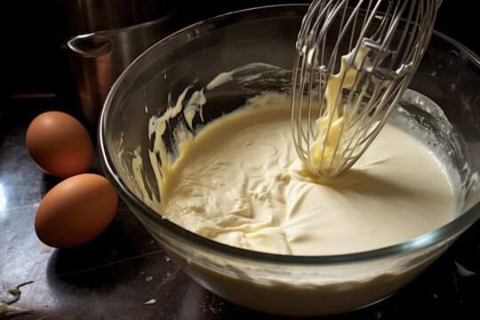 whisking eggs and milk in a bowl for quiche mixture