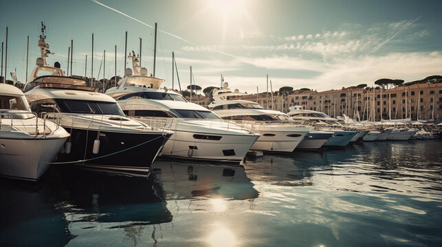 Expensive Large Yachts Docked at a Luxury Marina - Generative AI