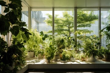A section of the indoor space features green plants placed near a window covered with a semitransparent white curtain.