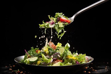 salad tongs tossing mixed greens and toppings