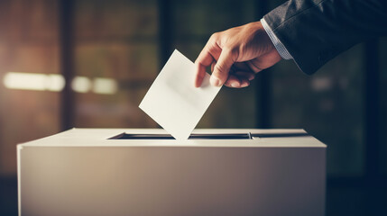 Man putting his vote into ballot box on blurred background, closeup