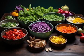 colorful salad ingredients in separate bowls