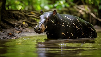  a hippopotamus in a body of water with trees in the background.  generative ai