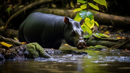 Fototapeta premium a hippopotamus standing in a stream in the jungle. generative ai