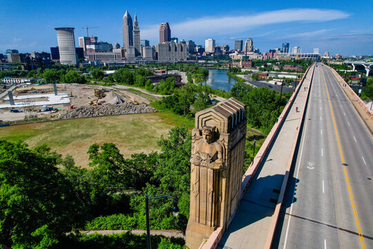 A huge "Guardians of Traffic" statue on the Hope Memorial Bridge in front of downtown Cleveland, Ohio
