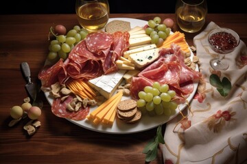 sliced deli meats and cheeses on a plate