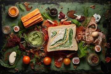 artistic overhead shot of sandwich and ingredients