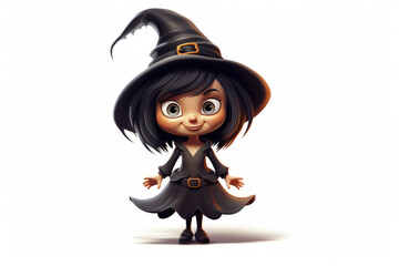 Cute little cartoon witch dressed in black with large eyes isolated on a white background