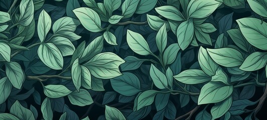 Naklejka na ściany i meble Apple green leafs background texture illustration. Apple leafs illustration. Horizontal banner. Ai generated