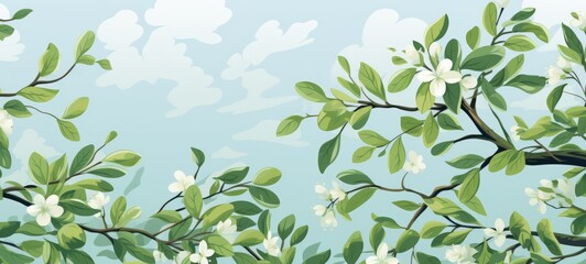 Apple tree leafs and sky background texture illustration. Apple leaf illustration. Horizontal banner. illustration Ai generated