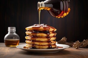 pouring syrup over a stack of pancakes