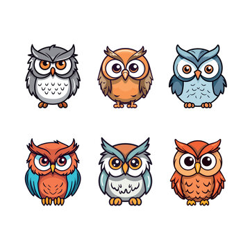 Cute owl birds set isolated on white background. Colorful cartoon owls. Vector stock