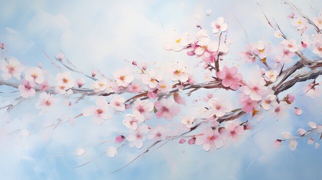  a painting of a branch with pink flowers on a blue sky background.  generative ai