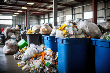 Overloaded containers with household garbage in garbage room of residential building