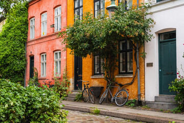 Colorful Houses and Bicycles on a Street in Copenhagen, Denmark