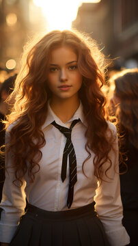Teen girl with curly long hair in a white shirt and tie on the street
