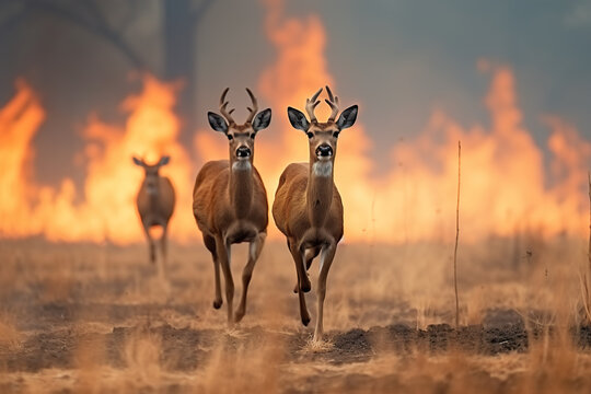 Deer fleeing a fire in the forest