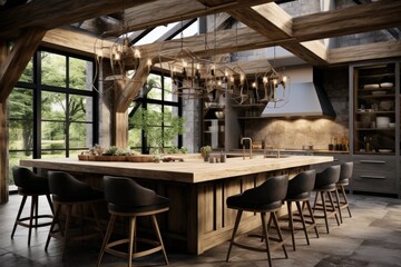Fototapeta na wymiar Gourmet Elegance: A Kitchen featuring Wooden Ceiling Beams and Contemporary Pendant Lighting. Generative AI