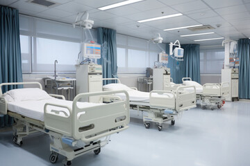 Recovery room with bed and comfortable medical equipped in a hospital. Generative AI