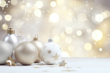 White christmas baubles decoration on blurred background with lights. New Year greeting card. Minimal style. AI generated