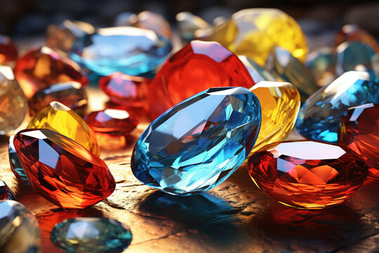 A pile of colored gemstones. Collection mix of gemstones jewelry on dark background. Generative AI