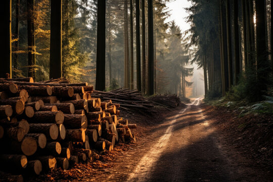 Log trunks pile, the logging timber wood industry. Cut trees along a road. Generative AI