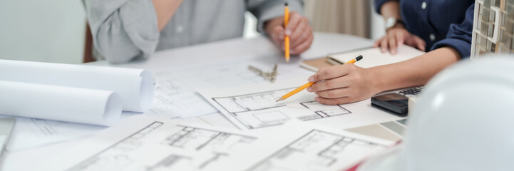 Architect working on the desk, construction project ideas architecture engineer Concept.