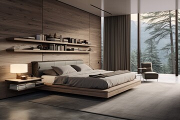Stylish Hospitality Space: Guest Bedroom featuring Modern Wooden Wall Bed and Matching Furniture. Generative AI
