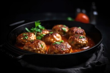 Fototapeta premium Rustic meatballs in a frying pan. Generative ai.