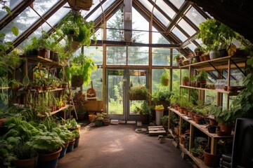 Fototapeta na wymiar permaculture designed greenhouse with plants inside