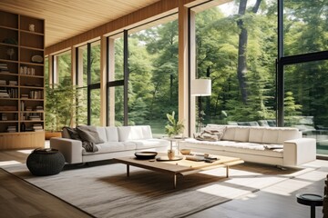 Modern living room with wall of windows.