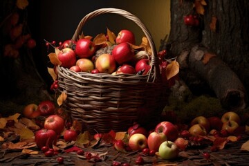 apple basket surrounded by autumn leaves