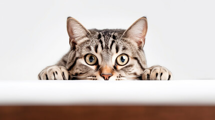 Cat peeking out from table with copy space isolated on white background.	
