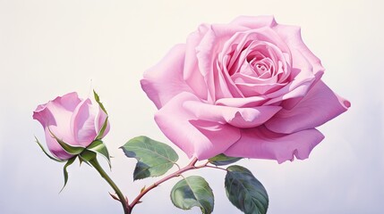  a single pink rose with green leaves on a white background.  generative ai